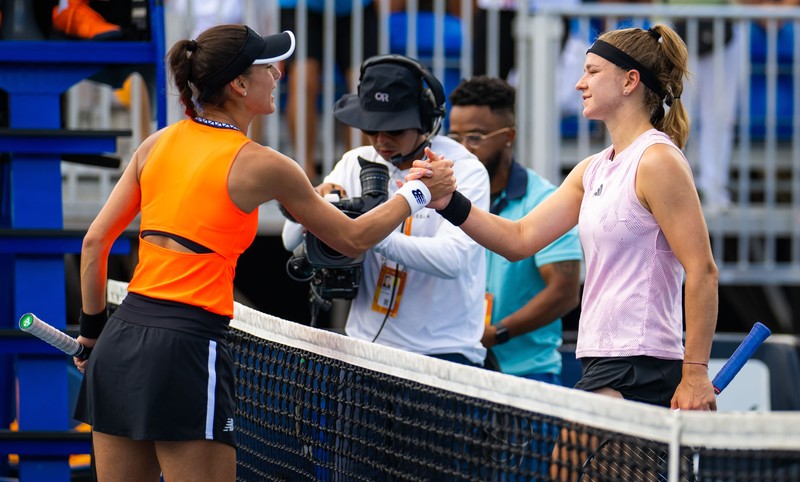 March 26, 2023, MIAMI, UNITED STATES: Sorana Cirstea of Romania &amp; Karolina Muchova of the Czech Republic in action during the third round of the 2023 Miami Open WTA 1000 tennis tournament (Credit Image: © Rob Prange/AFP7 via ZUMA Press Wire)