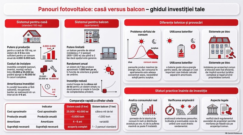 Panouri fotovoltaice casă versus balcon. Infografic realizat cu ajutorul Inteligenței Artificiale