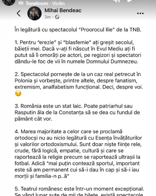 Mihai Bendeac, reacție după scandalul cu spectacolul „Proorocul Ilie” de la TNB: „Se raportează la religie precum se raportează ultrașii la fotbal”