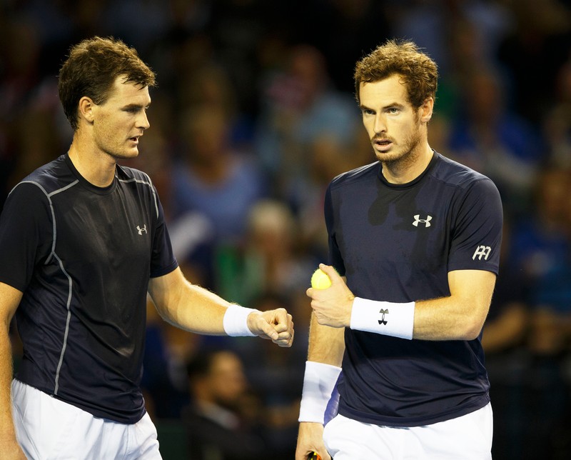 epa04938505 Britain's Andy Murray (R) and Jamie Murray (L) react during their doubles match of the Davis Cup semi final tie between Britain and Australia in Glasgow, Britain, 19 September 2015. EPA/ROBERT PERRY