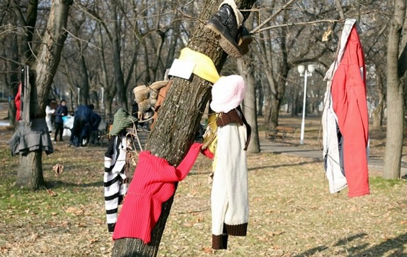 „Copacul cu haine”, în Parcul Rozelor din Timișoara. Jucării, haine, încălțăminte și rechizite, pentru nevoiași