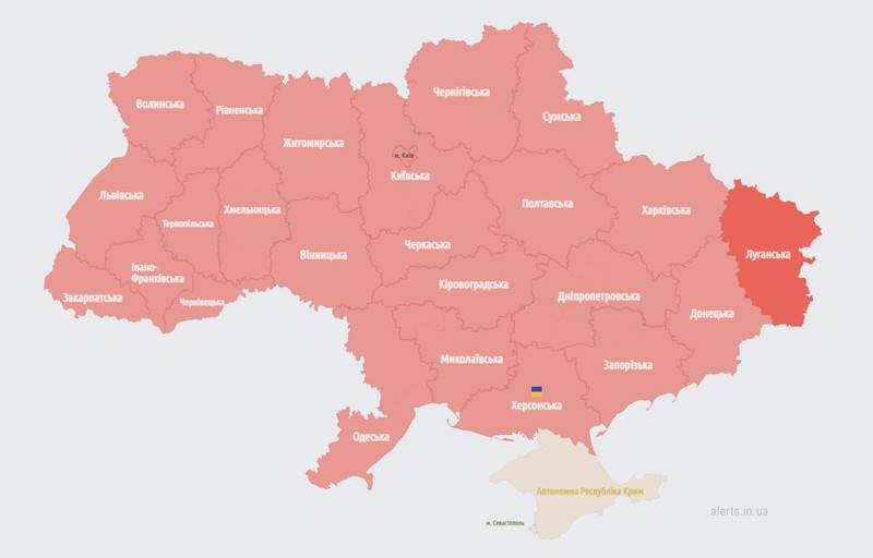 Zonele ucrainene în care au fost pornite alertele de raid aerian duminică dimineață. | Foto: alerts.in.ua