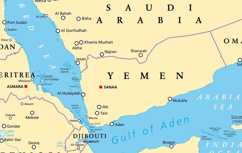 Harta politică care înfățișează Golful Aden, strâmtoarea Bab el-Mandeb, Yemenul și țări vecine. Imagine cu caracter ilustrativ Sursa foto: Profimedia