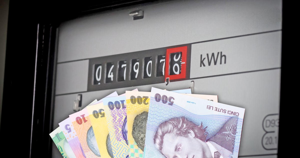 Un contor de energie pe care sunt suprapuse niște bancnote românești