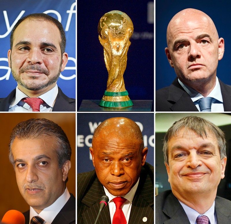 epa05178177 (FILE) A composite file picture of (from top left) President of the Jordan Football Association, Prince Ali Bin Al Hussein, UEFA General Secretary Gianni Infantino, President of the Asian Football Confederation, Sheikh Salman bin Ebrahim Al Khalifa, South African businessman Tokyo Sexwale, and former FIFA deputy Secretary General Jerome Champagne. The five candidates will run for football world governing body FIFA's presidency at an extraordinary FIFA Congress in Zurich, Switzerland on 26 February 2016. EPA/STF