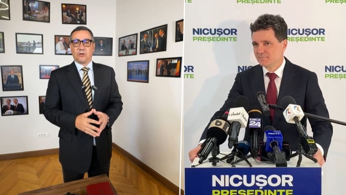 (stânga) Victor Ponta și (dreapta) Nicușor Dan, în timpul conferințelor de presă ținute joi seara, 1 mai, despre imaginile cu cei doi politicieni alături de Florian Codlea postate de Elena Lasconi