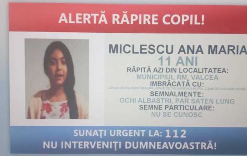 O fată de 11 ani din judeţul Vâlcea, răpită de patru bărbaţi şi o femeie. Minora a fost găsită