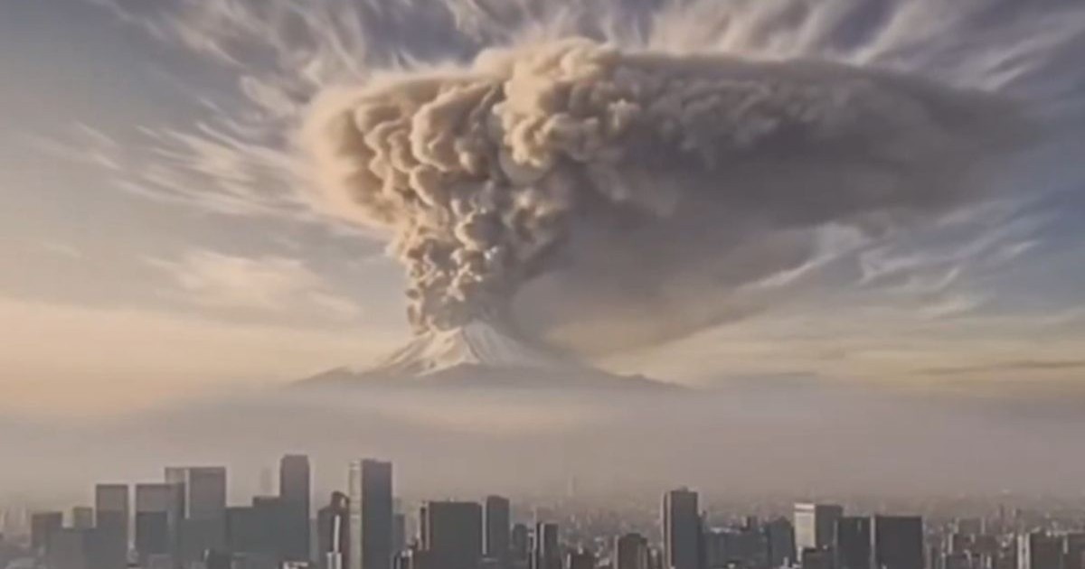 muntele fuji, fumegând și arucând în aer un nor gros de fum, văzut di Tokyo, desupra clădirilor