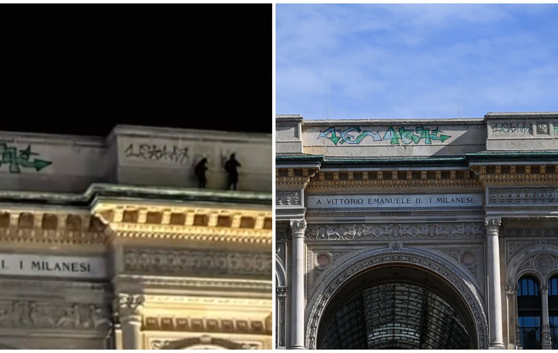 Trei bărbați au urcat pe Galeria Vittorio Emanuele II din Milano și au desenat graffiti, sub privirile turiștilor