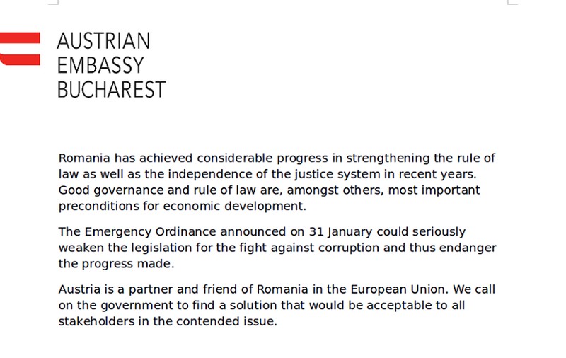 Ambasada Austriei, despre Ordonanță: Ar putea slăbi serios legislaţia anticorupţie, cerem Guvernului să găsească o soluţie