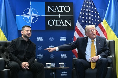 Ukraine's President Volodymyr Zelensky (L) meets with US President Donald Trump on the sidelines of the NATO Summit at Bestepe Presidential Compound in Ankara, on July 8, 2026. The summit comes at a fraught time for the 77-year-old transatlantic alliance, with the US President demanding members make good on a pledge to ramp up defence spending as Washington takes a step back from Europe. (Photo by SAUL LOEB / AFP)