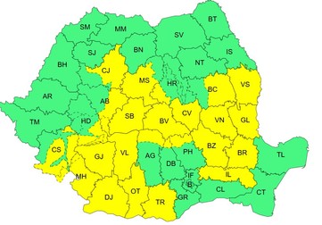 Harta județelor afectate de codul galben de vânt valabil luni, 21 septembrie / ANM