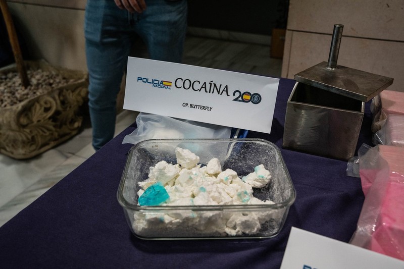 Cocaine seized during the National Police operation that has dismantled the synthetic drug warehouses in the northern axis of Spain, at the Canillas Police Complex, on June 21, 2023, in Madrid (Spain). During this police operation, 150,000 ecstasy pills, 135 kilograms of speed, 25 kilos of ketamine, four kilos of pink cocaine, 900 vials of anabolic agents and more than 10,000 liters of precursors have been seized in eleven searches carried out in the provinces of Barcelona, Burgos, Cantabria and Madrid. Thirteen people have been arrested, including the leader of the organization, 'the chemist' and the rest of the criminal structure that was dedicated to the distribution of the drug in northern Spain, southern France, Barcelona, Ibiza and Madrid. 21 JUNE 2023;DRUGS;NATIONAL POLICE;CENTRAL NARCOTICS BRIGADE;NARCOTICS;COCAINE 06/21/2023,Image: 784565534, License: Rights-managed, Restrictions: , Model Release: no