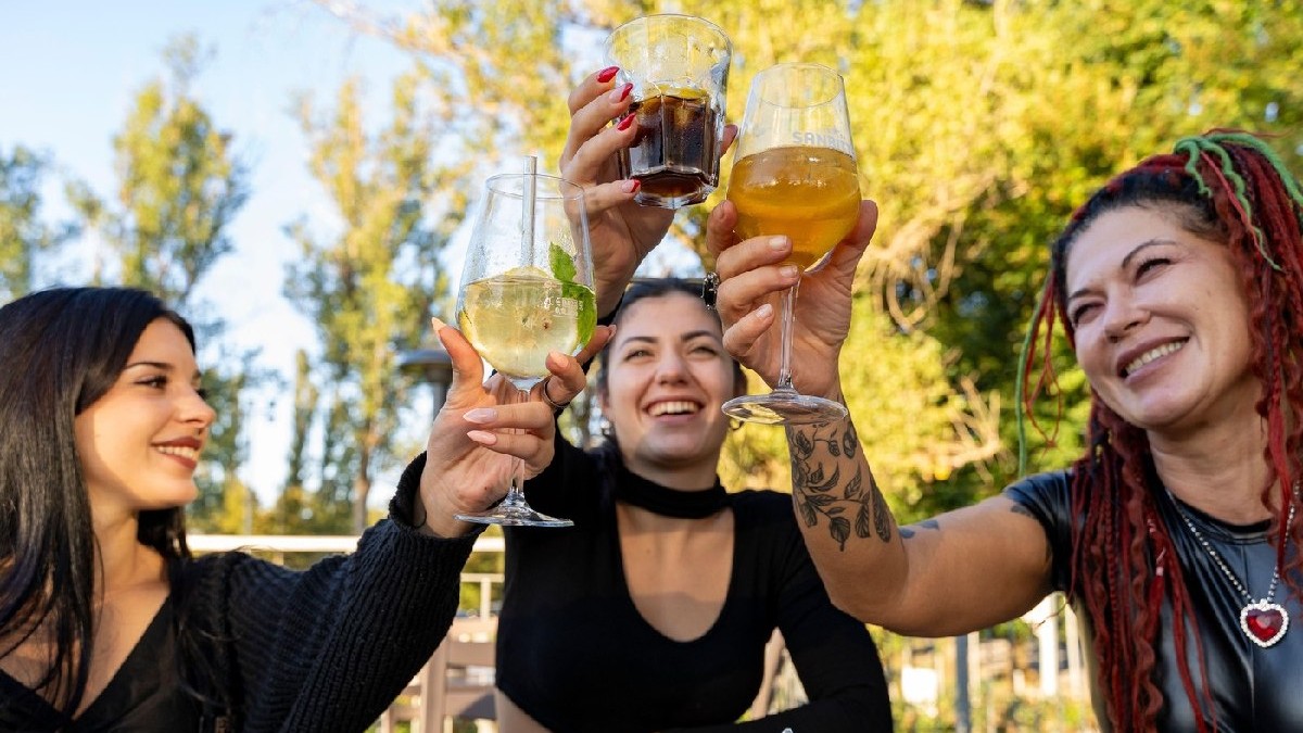 Prietene fericite sărbătorind și făcând un toast cu băuturi în aer liber