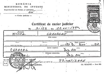 Cazierul judiciar al lui Gheorghe Dincă emis de Ministerul de Interne la sfârşitul anului 1993.