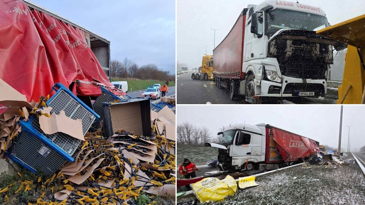 Colaj cu trei fotografii care arată urmările unui accident în care a fost implicat un camion, pe un drum acoperit de zăpadă, cu o remorcă roșie și resturi împrăștiate.