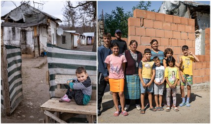 Lipite de casa dărăpănată în care au locuit și iarna trecută (stânga), cele două familii s-au apucat să ridice în vară două încăperi (dreapta)