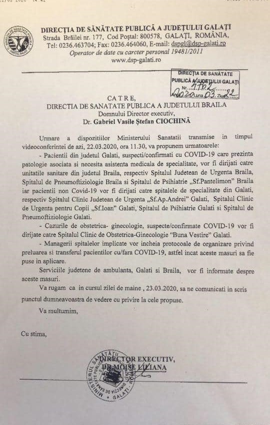 Documentul trimis de DSP Galați de către DSP Brăila