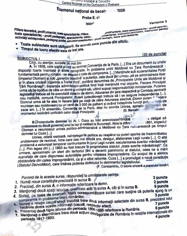 Subiecte BAC Istorie 2026. Ce le-a picat elevilor la proba obligatorie a profilului la Bacalaureat