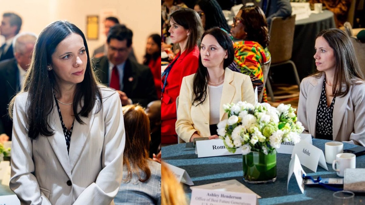  Colaj : Mirabela Gradinaru la New York, cu ocazia adunării ONU 21-septembrie-2026, participă la un eveniment organizat de fundașia Melaniei Trump, este îmbrăctă într-un cosutm de culoare bej