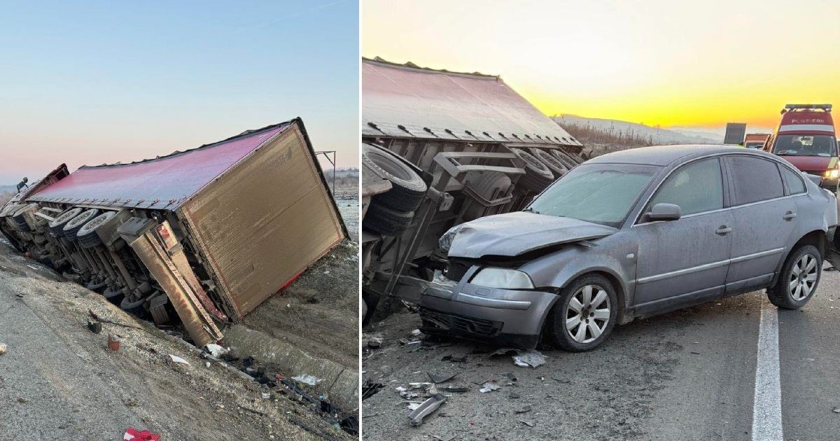 Un colaj din două fotografii care prezintă urmările unui accident grav: un camion răsturnat și o mașină avariată pe șosea, cu serviciile de urgență prezente la fața locului.