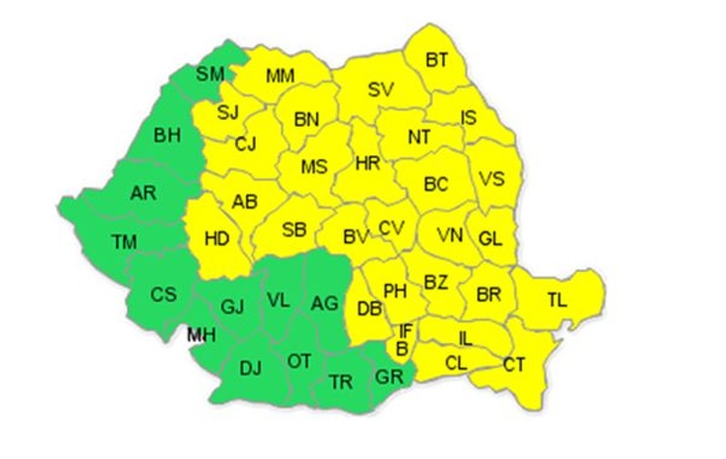 COD GALBEN de PLOI şi VIJELII în nordul, centrul, estul ţării şi zonele de munte