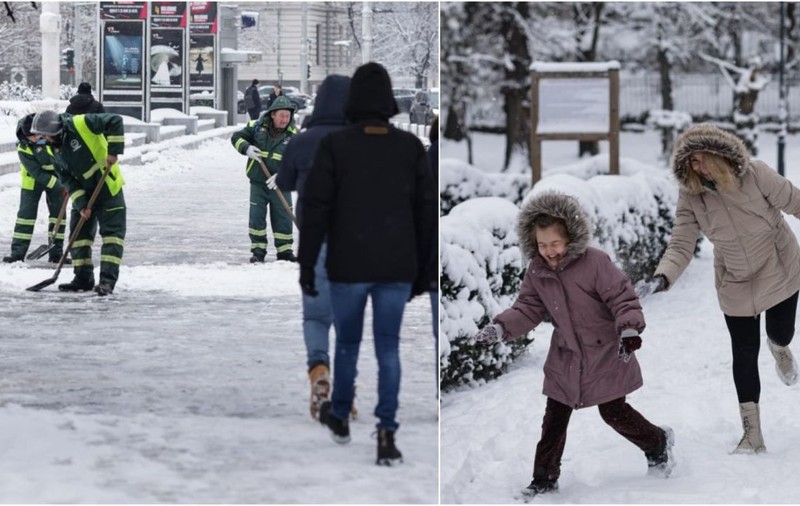 Imagini cu Bucureștiul acoperit de zăpadă. Muncitorii curăță străzile, copiii se bat cu bulgări, ANM anunță încă două zile cu ger, polei și ninsori