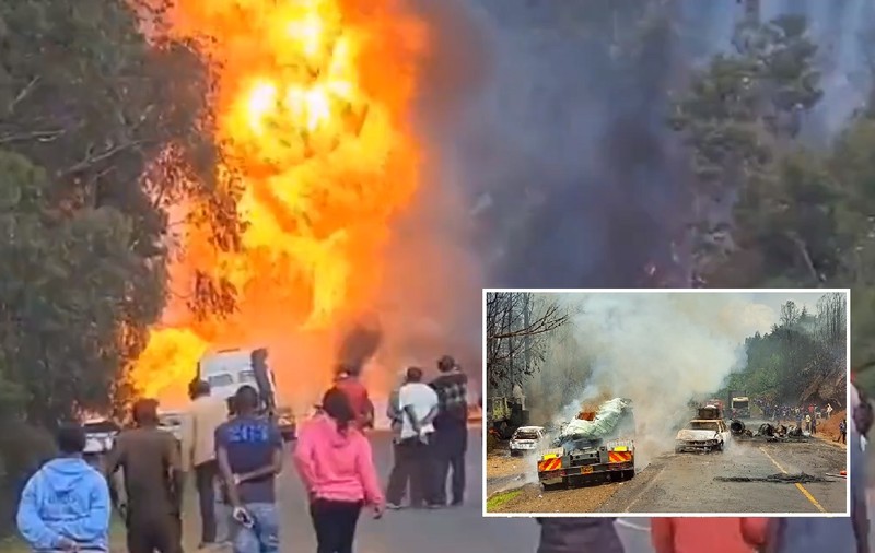 VIDEO | Flăcări până la cer pe șosea, o remorcă cu butelii a explodat, patru mașini care circulau pe lângă ea s-au făcut scrum, lângă Nairobi