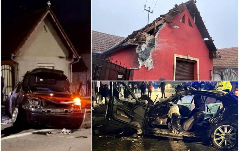 Momentele de după accidentul în care un BMW a zburat pe acoperișul unei case. Oamenii au crezut că un TIR le-a lovit locuința, motorul a sărit la 20 de metri de impact