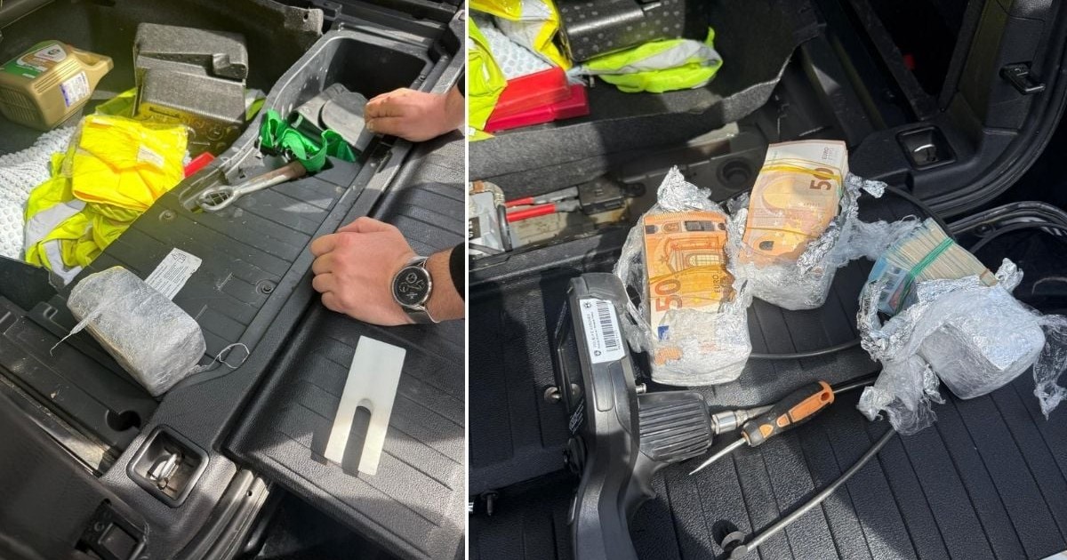 colaj foto format din 2 imagini: imaginea din stânga arată un portbagaj deschis, în care se găsesc mai multe pachete împachetate în plastic și scule iar imaginea din dreapta arată pachetele din plastic din poza anterioară, cu plasticul protectiv rupt, sub care se văd teancuri de bancnote de 50 de euro