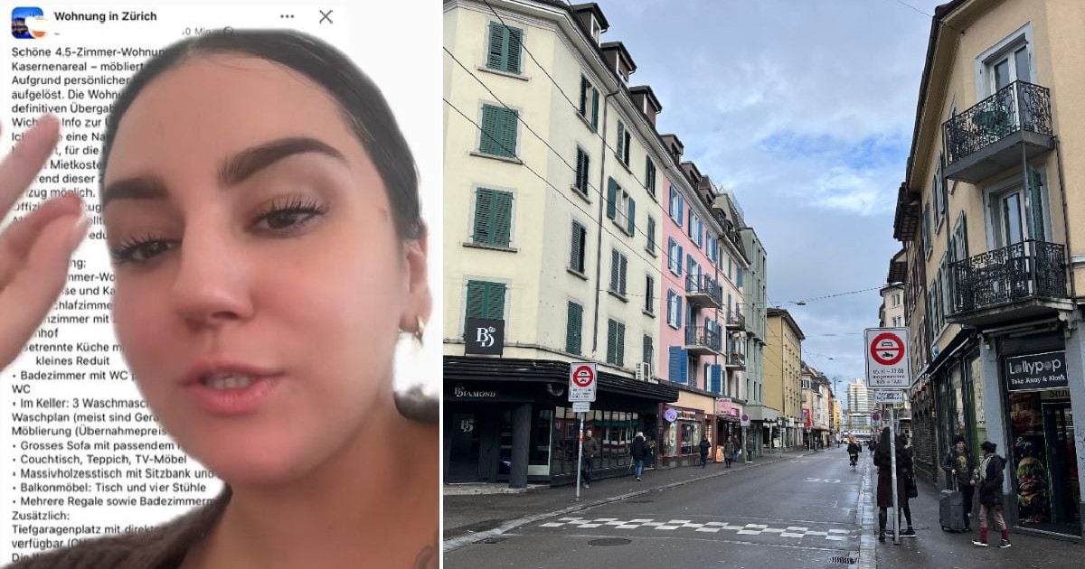 Imaginea este un colaj care prezintă, în partea stângă, o tânără care vorbește în fața unui anunț imobiliar pentru un apartament în Zürich, iar în partea dreaptă, o fotografie cu o stradă urbană flancată de clădiri colorate și magazine.