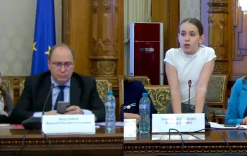 O elevă de clasa a V-a ignorată de ministrul Educației, Mihai Dimian, care butona telefonul în timp ce fata îi vorbea: „Voi ne interziceți telefoanele, dar nu ne învățați să le folosim”