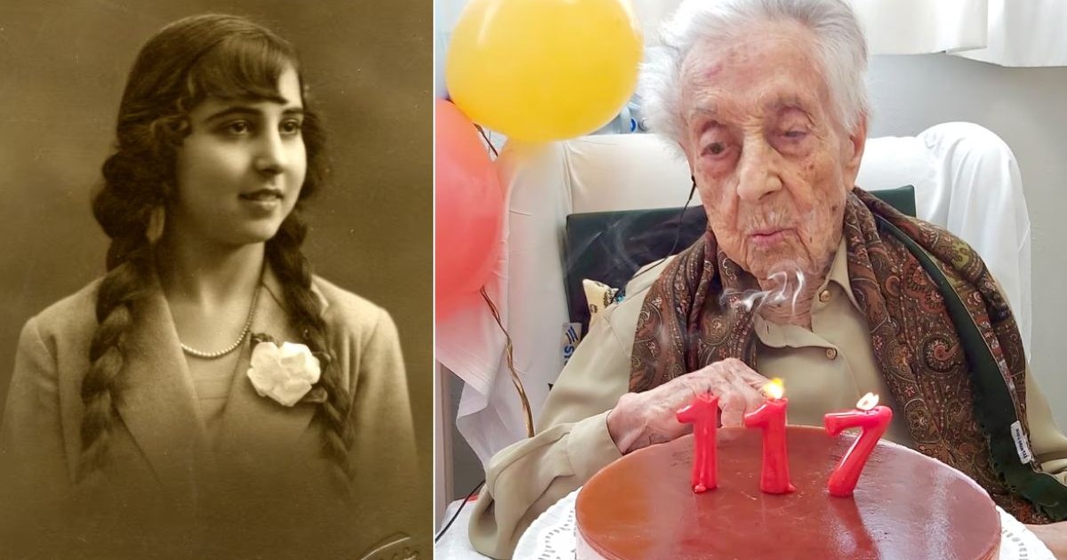 Maria Branyas Morera, colaj foto: în stânga o poză din tinerețe, alb-negru, iar în dreapta o poză de la împlinirea vârstei de 117 ani, cu un tort în față cu lumânări aprinse