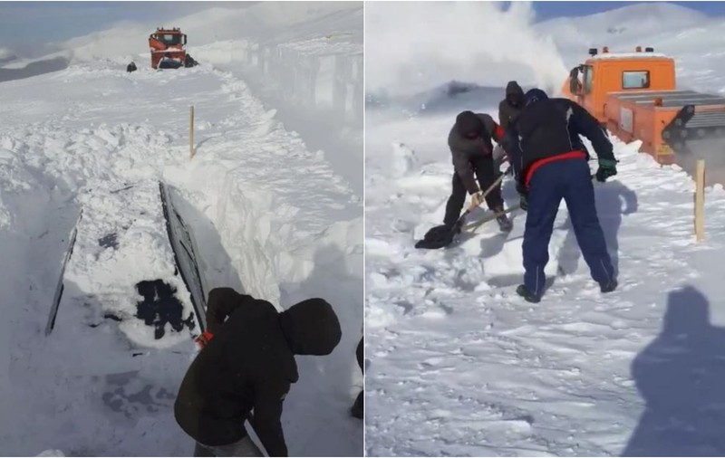 VIDEO | Mașinile turiștilor de la Rânca, căutate prin nămeţi cu utilaje de deszăpezire și lopeți