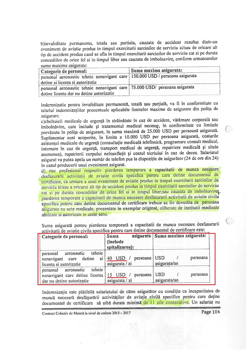 Captură Contract Colectiv de Muncă TAROM 2015-2017 - asigurări personal tehnic nenavigant