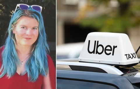Colaj format din portretul unei tineri femei cu părul vopsit albastru pe partea stângă și o casetă luminoasă cu sigla Uber Taxi pe cupola unui autoturism pe partea dreaptă.