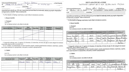 Declarațiile de avere depuse de Zărescu în 2017 (stânga) și 2020