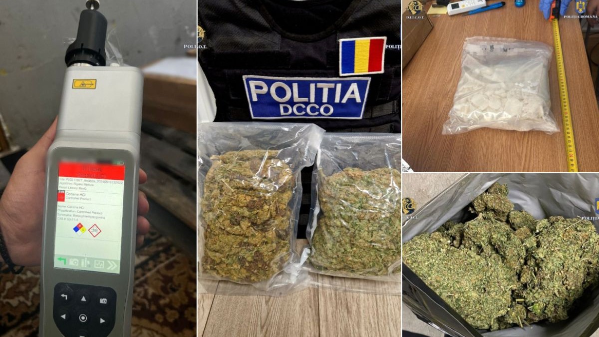 Colaj foto cu un test de droguri în stânga, două pungi vidate cu droguri în centru, lângă vesta unui polițist și alte pachete cu droguri, marijuana și cocaină, în partea dreaptă