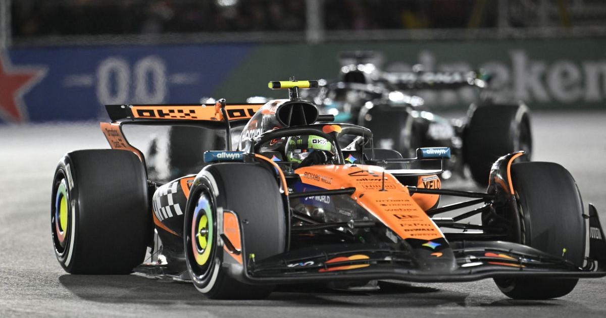 LAS VEGAS, NEVADA - NOVEMBER 22: Lando Norris of McLaren Formula 1 Team (4) competes at the race as he won the second place for F1 Grand Prix of Las Vegas at Las Vegas Strip Circuit on November 22, 2025 in Las Vegas, Nevada, United States. Tayfun Coskun / Anadolu/ABACAPRESS.COM