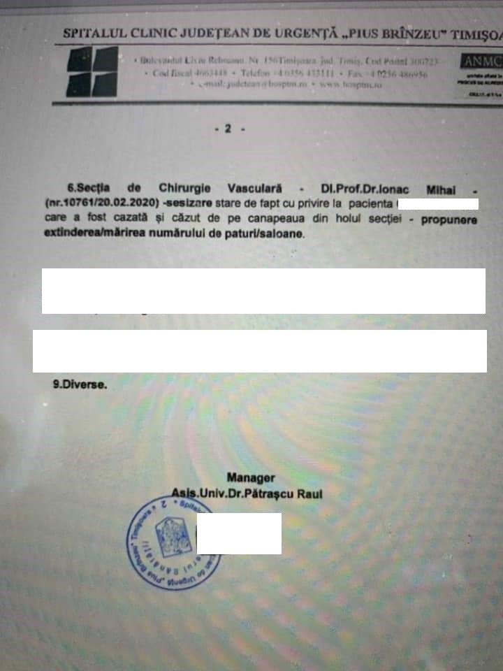 Punctele care vor fi abordate în ședința de marți, 5 mai: la numărul 6, propunerea extinderii secției după ce o pacientă a fost cazată și a căzut de pe canapeaua din holul secției