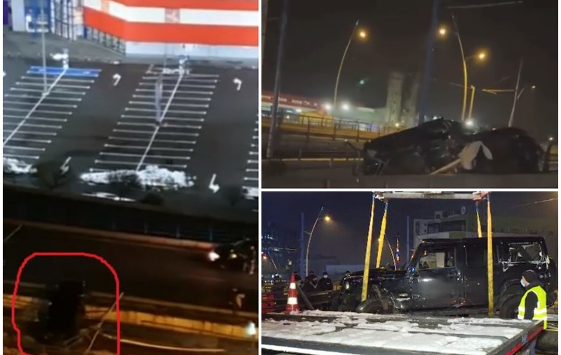 VIDEO | O maşină a rămas suspendată pe Podul Basarab. Vehiculul, abandonat de șofer, după ce a zburat cu el pe liniile de tramvai