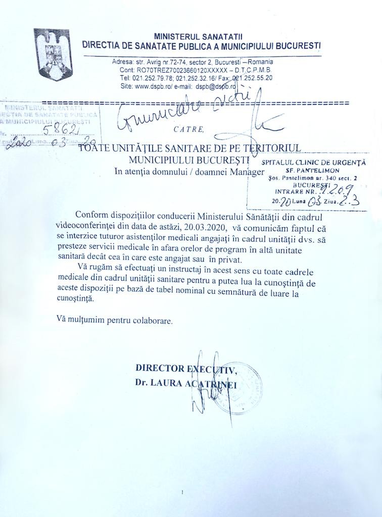Documentul trimis de către DSP București tuturor unităților sanitare