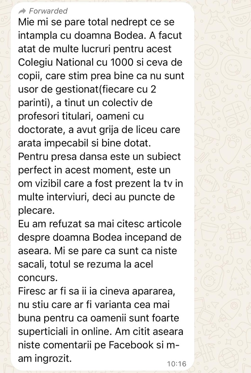 Mesajul de susținere al unui părinte pentru directoarea Andreia Bodea. Foto: Libertatea