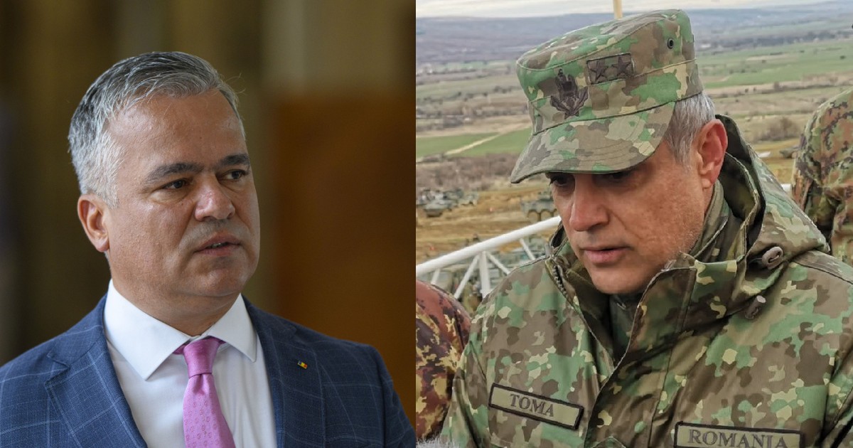 Colaj in stanga: Adrian Veștea în cămasa alba, cravata mov, sacou bleumarin/ În dreapta: Generalul Dorin Toma în haina militară