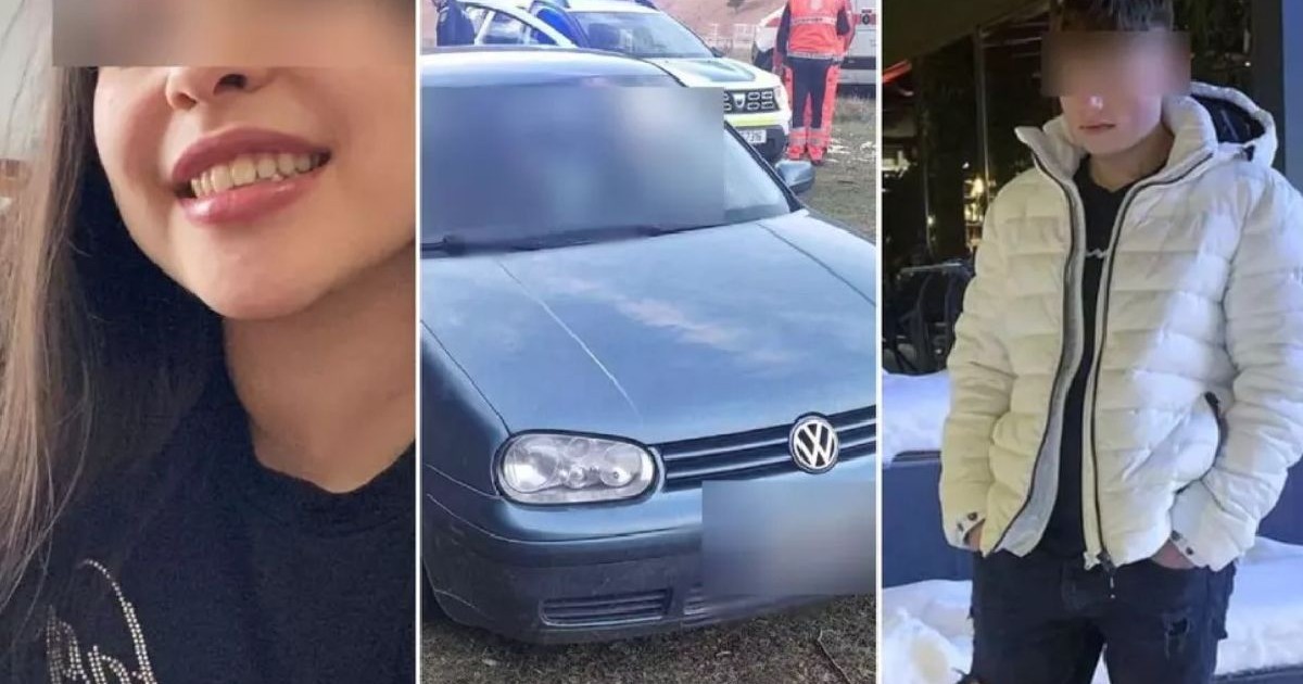 Imaginea este un colaj de trei fotografii separate în care apare o tânără zâmbitoare, o mașină Volkswagen albastră cu vehicule de urgență în fundal și un tânăr într-o jachetă albă și pantaloni negri