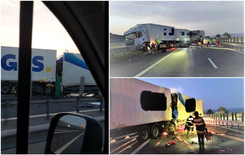 Imagini teribile de la accidentul în care un camionagiu de 23 de ani a murit strivit în cabină, pe A1, unde a intrat în TIR-ul unui coleg curier