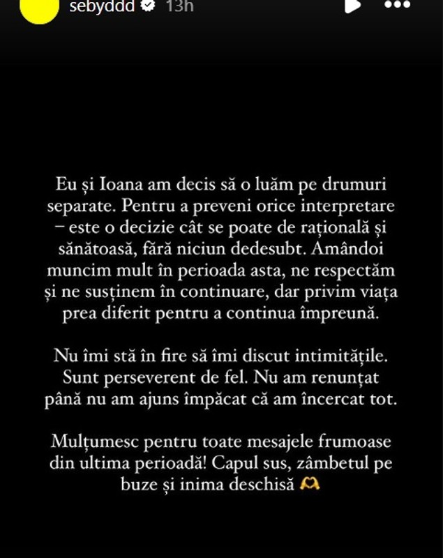 Motivul pentru care Sebastian Dobrincu și Ioana Ignat s-au despărțit. El a spus tot: „Este o decizie cât se poate de rațională și sănătoasă”