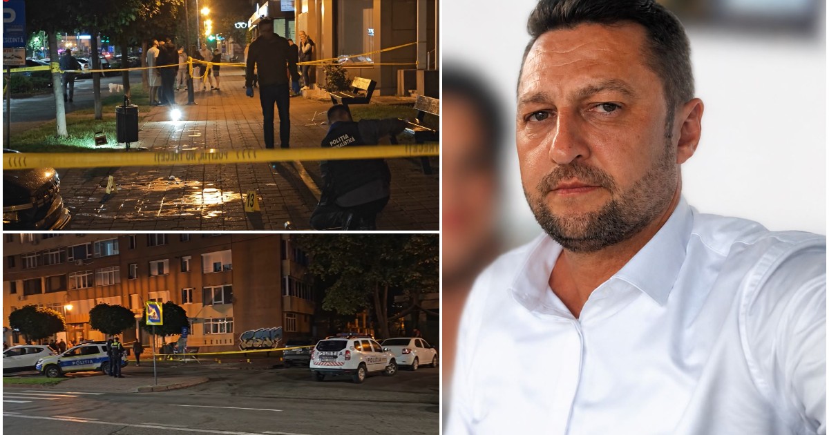 Colaj ce conține în partea dreaptă portretul unui bărbat în cămașă albă, iar în partea stângă două cadre nocturne cu o scenă de investigație criminalistică delimitată de benzi galbene și mașini de poliție.