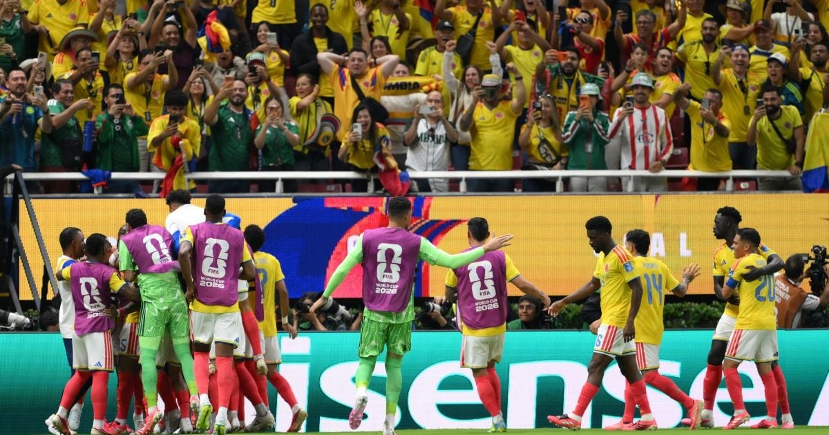 ZAPOPAN, MEXICO - JUNE 23: Daniel Munoz #2 of Colombia celebrates with teammates after scoring the team's first goal during the FIFA World Cup 2026 Group K match between Colombia and Congo DR at Guadalajara Stadium on June 23, 2026 in Zapopan, Mexico. (Photo by David Ramos/Getty Images)