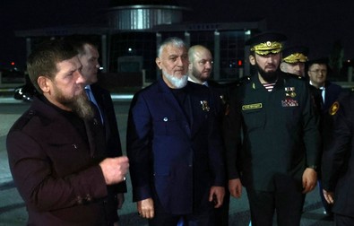 From left: Head of the Chechen Republic Ramzan Kadyrov, member of the State Duma's Committee on Security and Corruption Control Adam Delimkhanov and Prime Minister of the Chechen Republic Magomed Daudov welcome Russian President Vladimir Putin upon his arrival at the city's airport in Grozny, Chechen Republic, Russia, Tuesday, Aug. 20, 2024.,Image: 900199761, License: Rights-managed, Restrictions: This content is intended for editorial use only. For other uses, additional clearances may be required. POOL PHOTO, Model Release: no, Pictured: Vladimir Putin